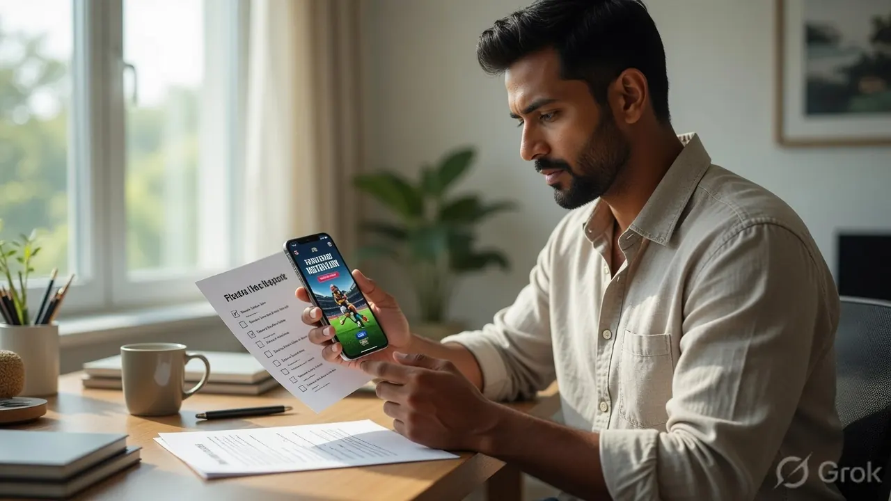 An adult at a sunlit desk comparing a smartphone promotion with a paper checklist
