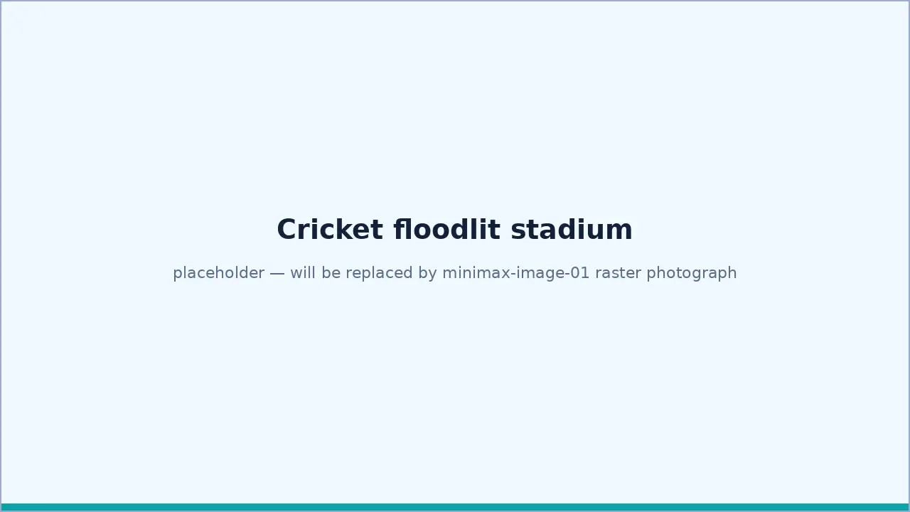 A floodlit cricket stadium with players warming up in the foreground