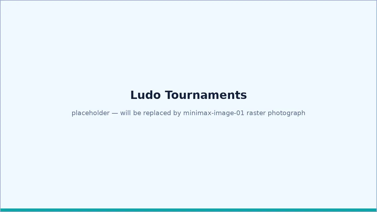 A wooden surface with Ludo tokens and a tournament bracket overlay