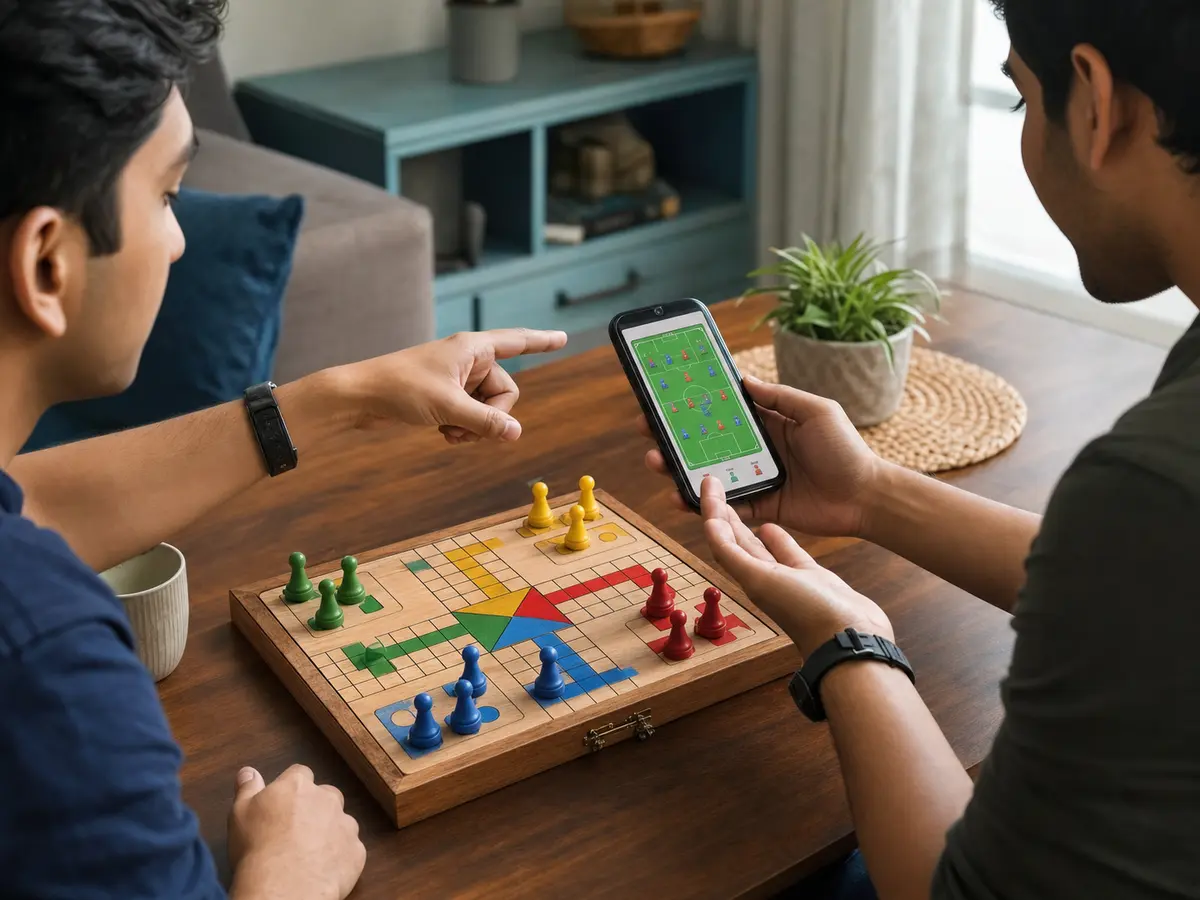 Two adult players comparing a sports lineup beside a wooden Ludo board